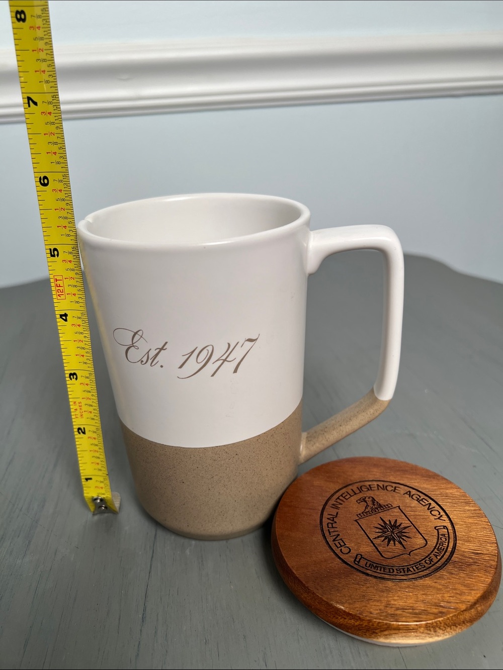 CIA White and Tan Ceramic Mug with Wood Lid - 'Est. 1947' iconic coffee,tea,soup